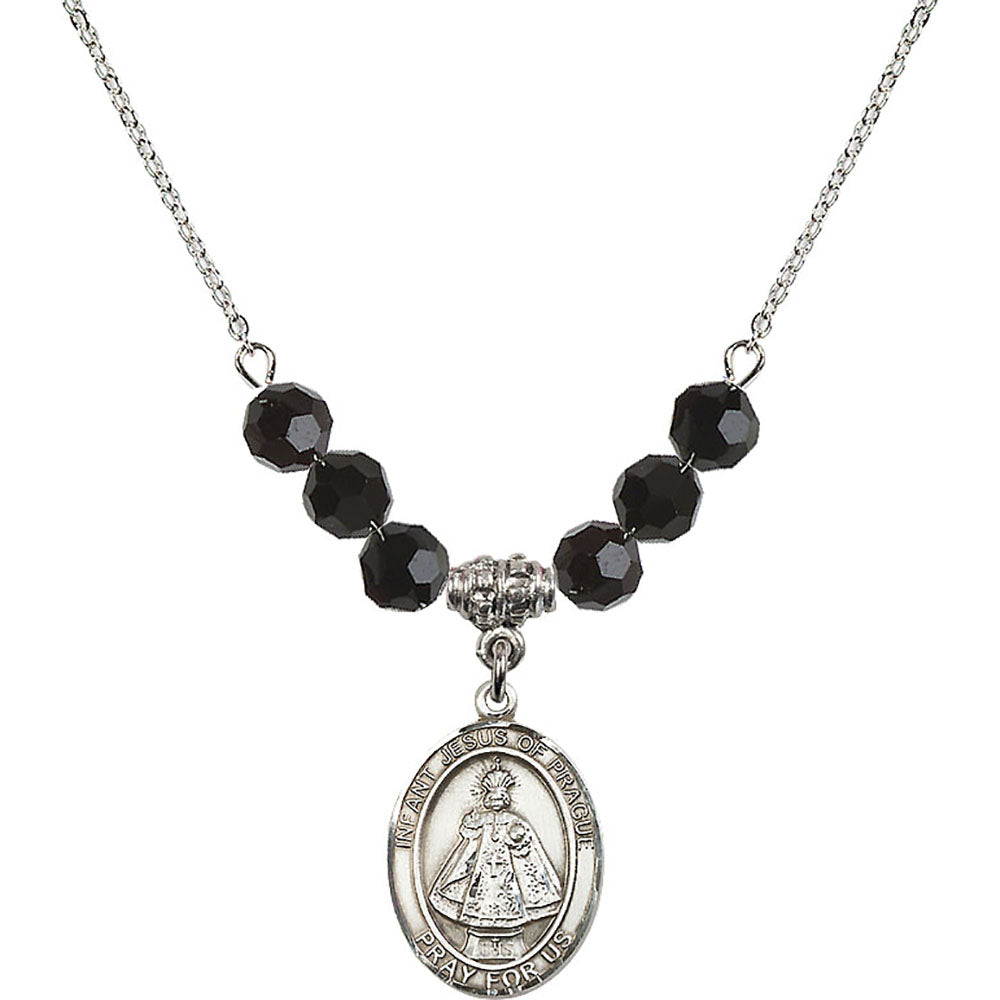 Sterling Silver Infant of Prague Birthstone Necklace with Jet Beads - 8207