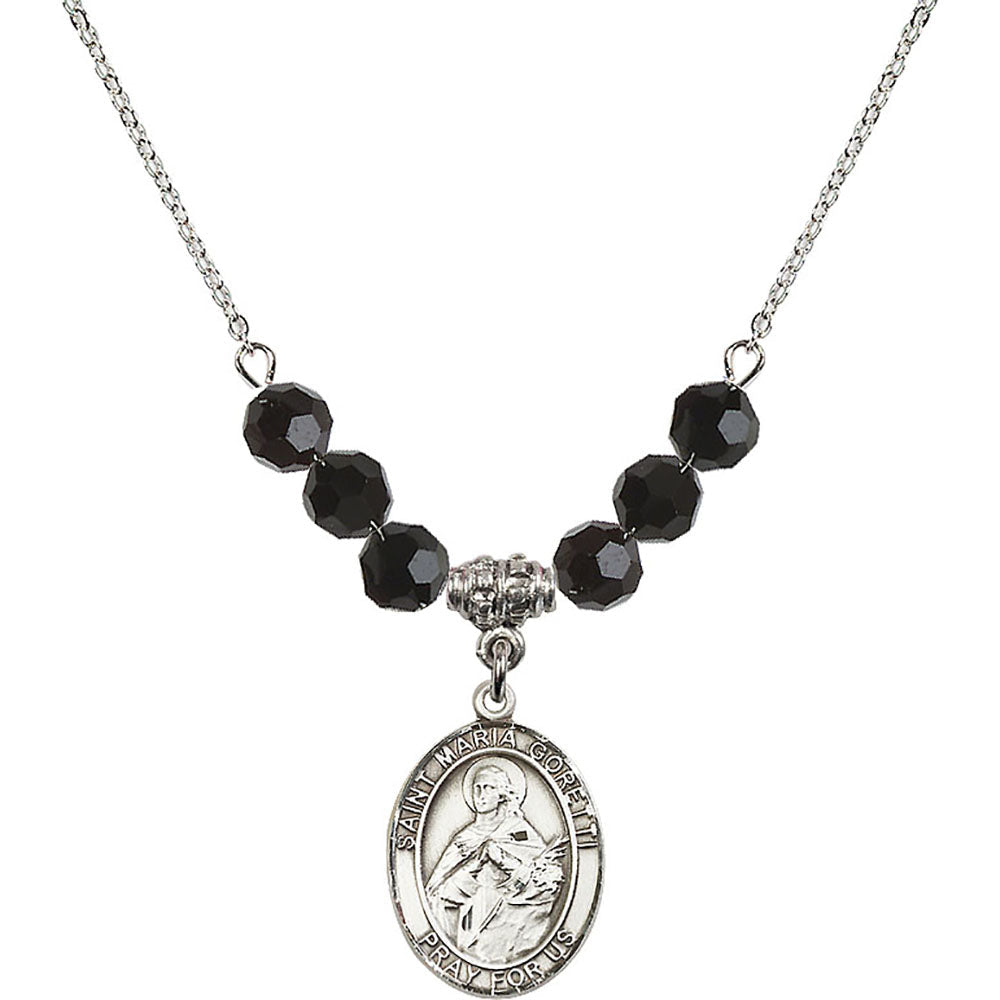 Sterling Silver Saint Maria Goretti Birthstone Necklace with Jet Beads - 8208