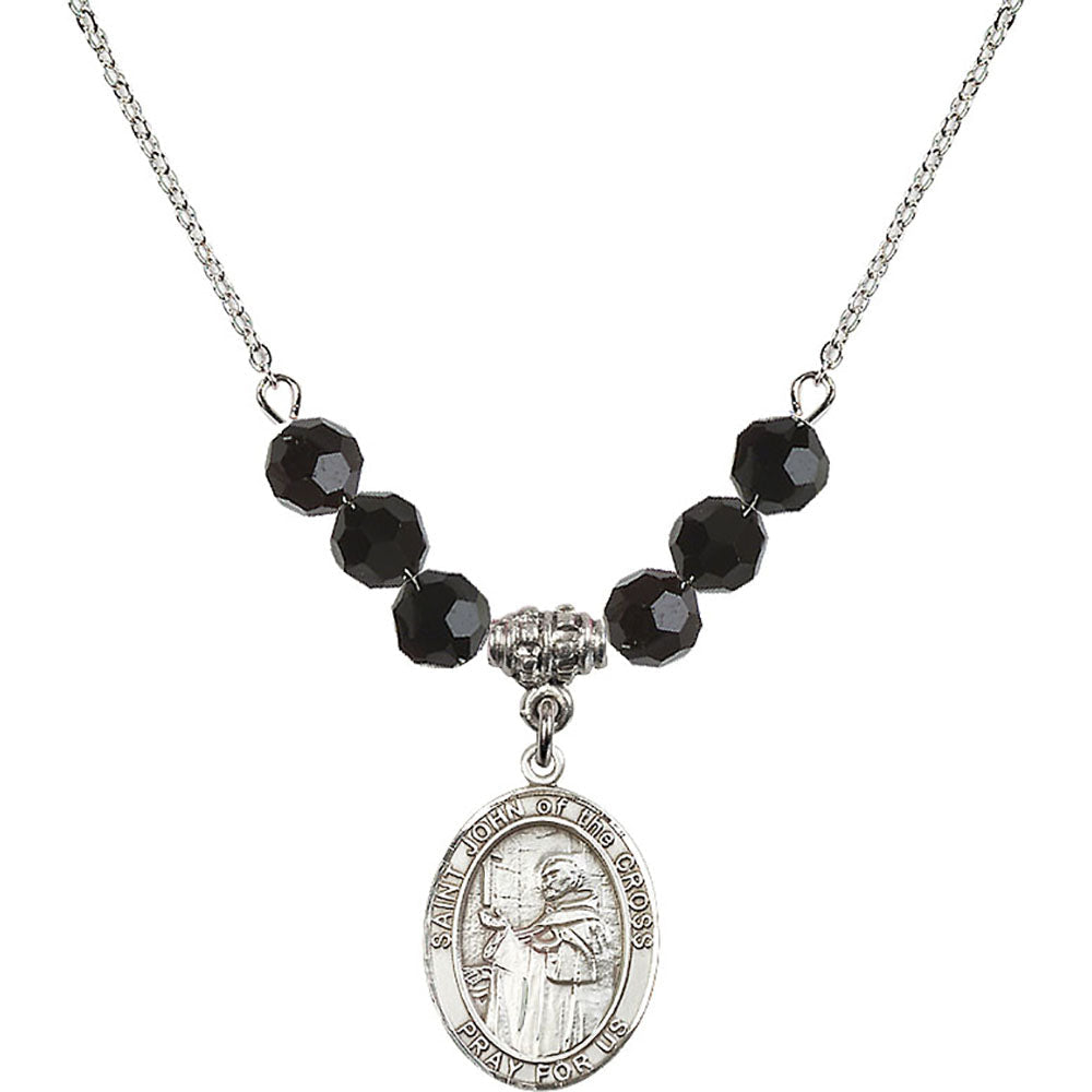 Sterling Silver Saint John of the Cross Birthstone Necklace with Jet Beads - 8231