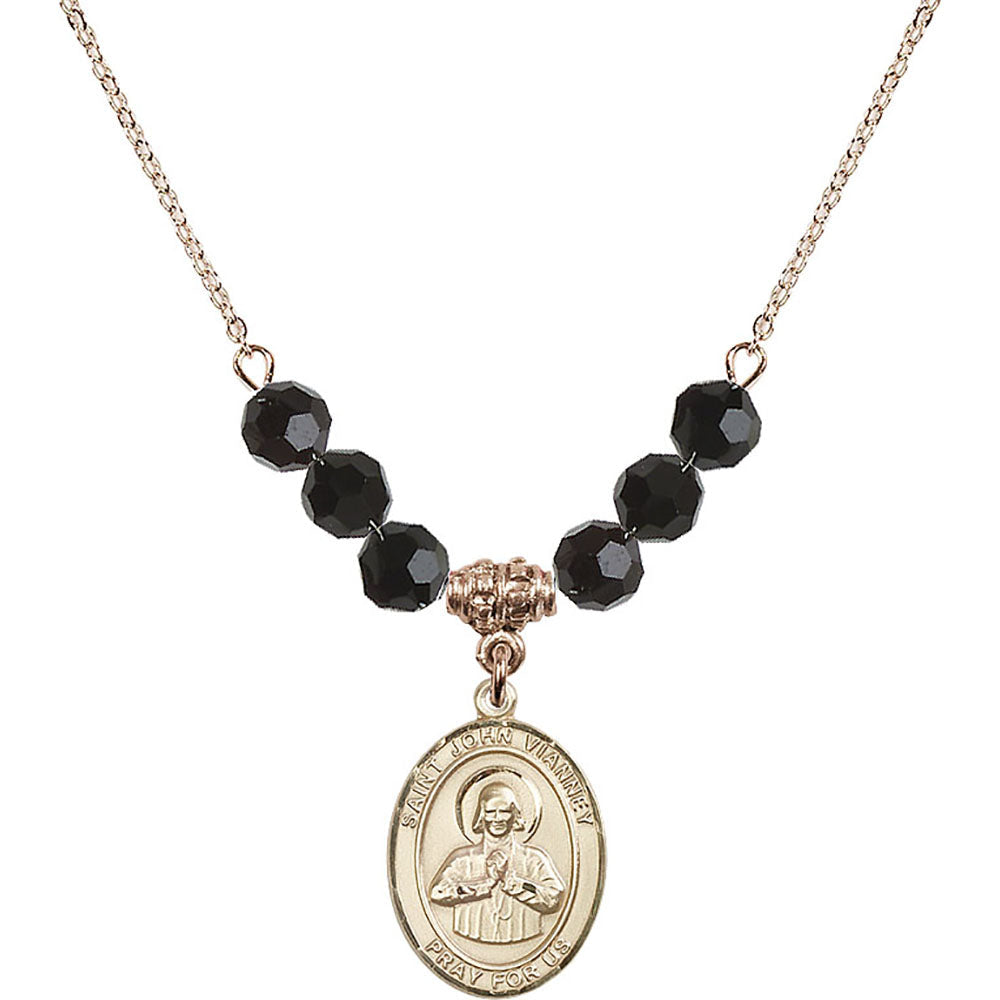 14kt Gold Filled Saint John Vianney Birthstone Necklace with Jet Beads - 8282