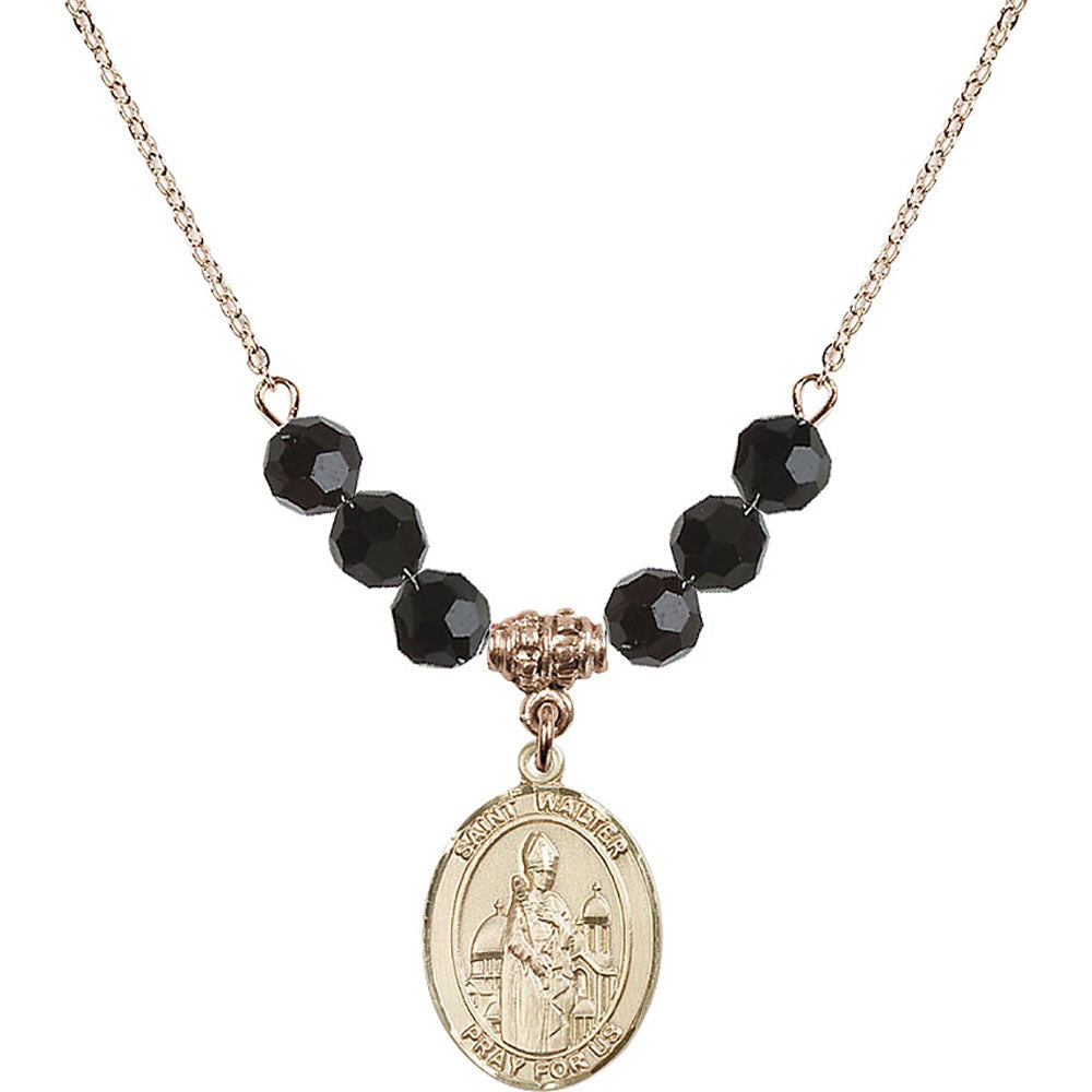 14kt Gold Filled Saint Walter of Pontoise Birthstone Necklace with Jet Beads - 8285