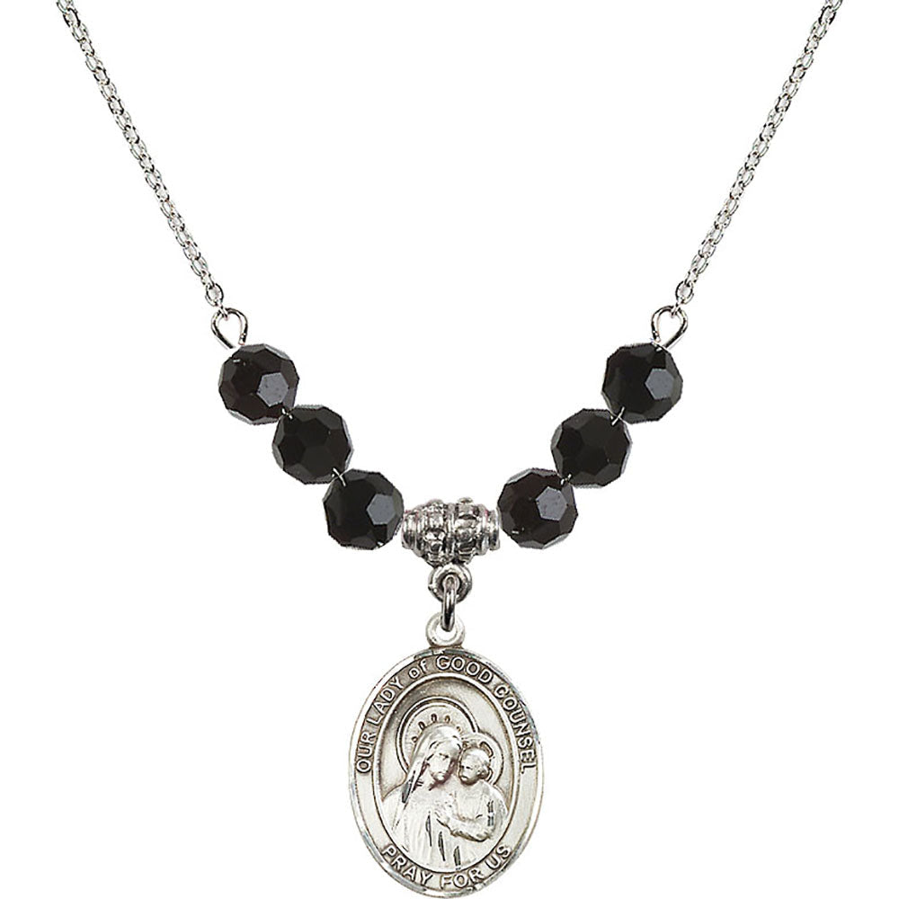Sterling Silver Our Lady of Good Counsel Birthstone Necklace with Jet Beads - 8287