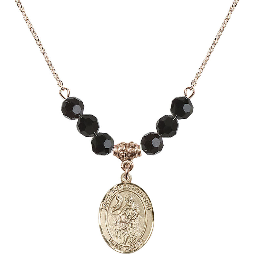 14kt Gold Filled Saint Peter Nolasco Birthstone Necklace with Jet Beads - 8291