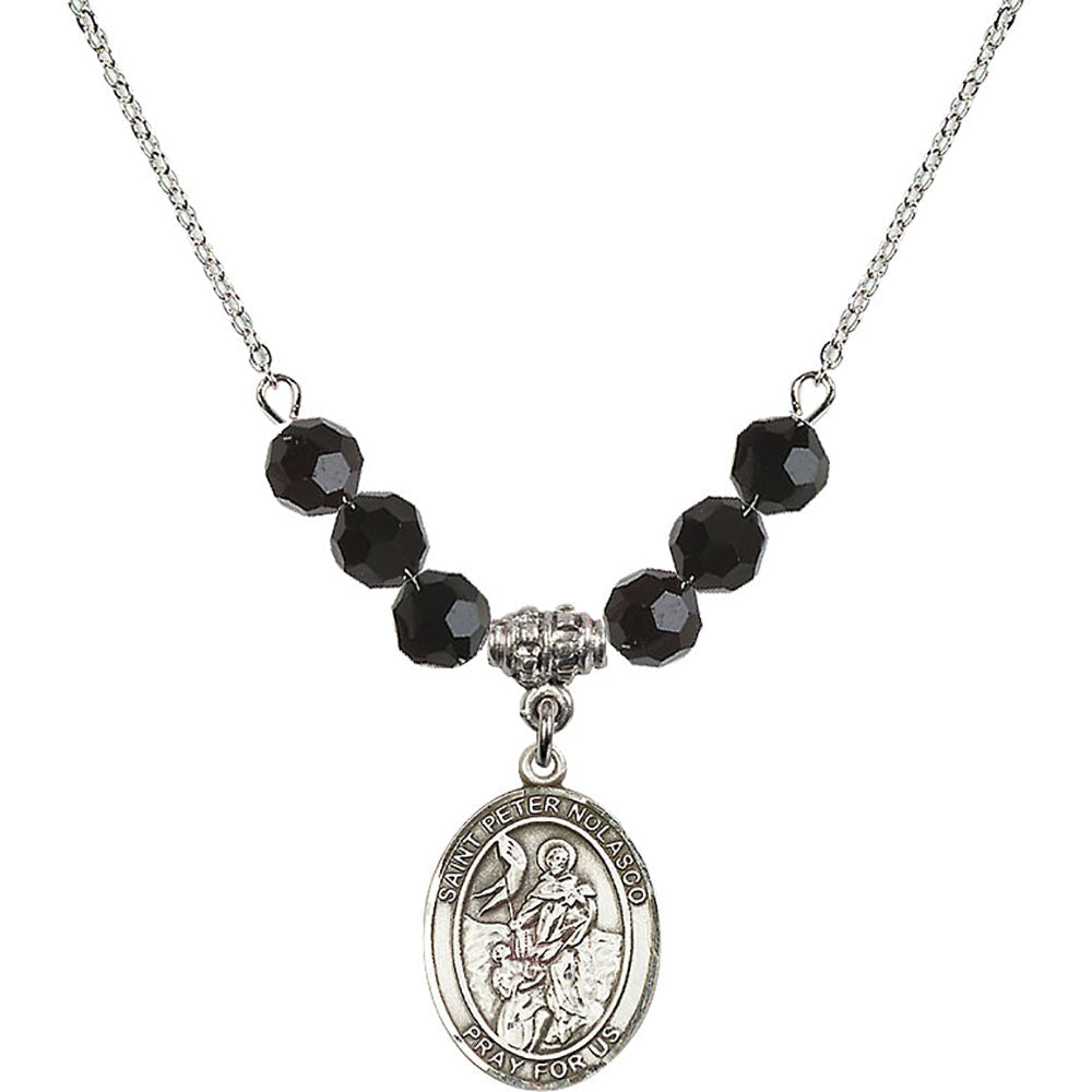 Sterling Silver Saint Peter Nolasco Birthstone Necklace with Jet Beads - 8291