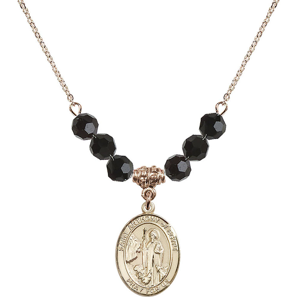 14kt Gold Filled Saint Anthony of Egypt Birthstone Necklace with Jet Beads - 8317