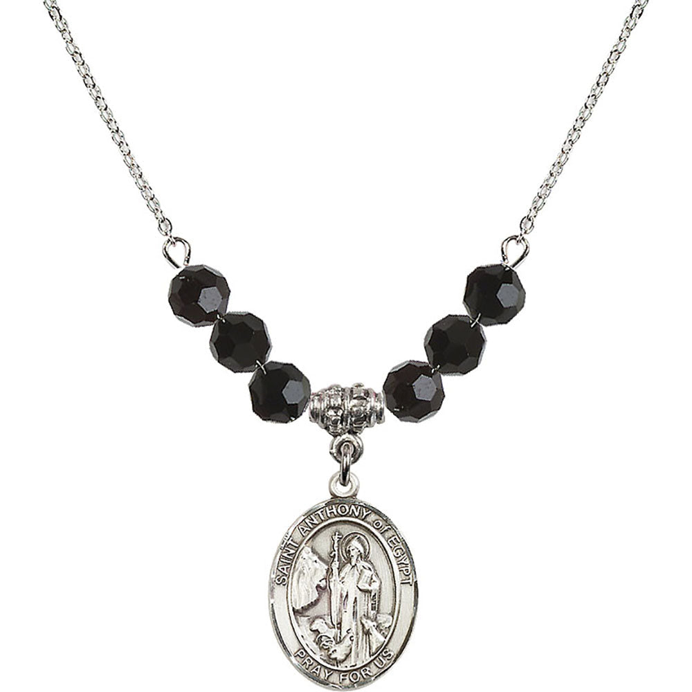 Sterling Silver Saint Anthony of Egypt Birthstone Necklace with Jet Beads - 8317
