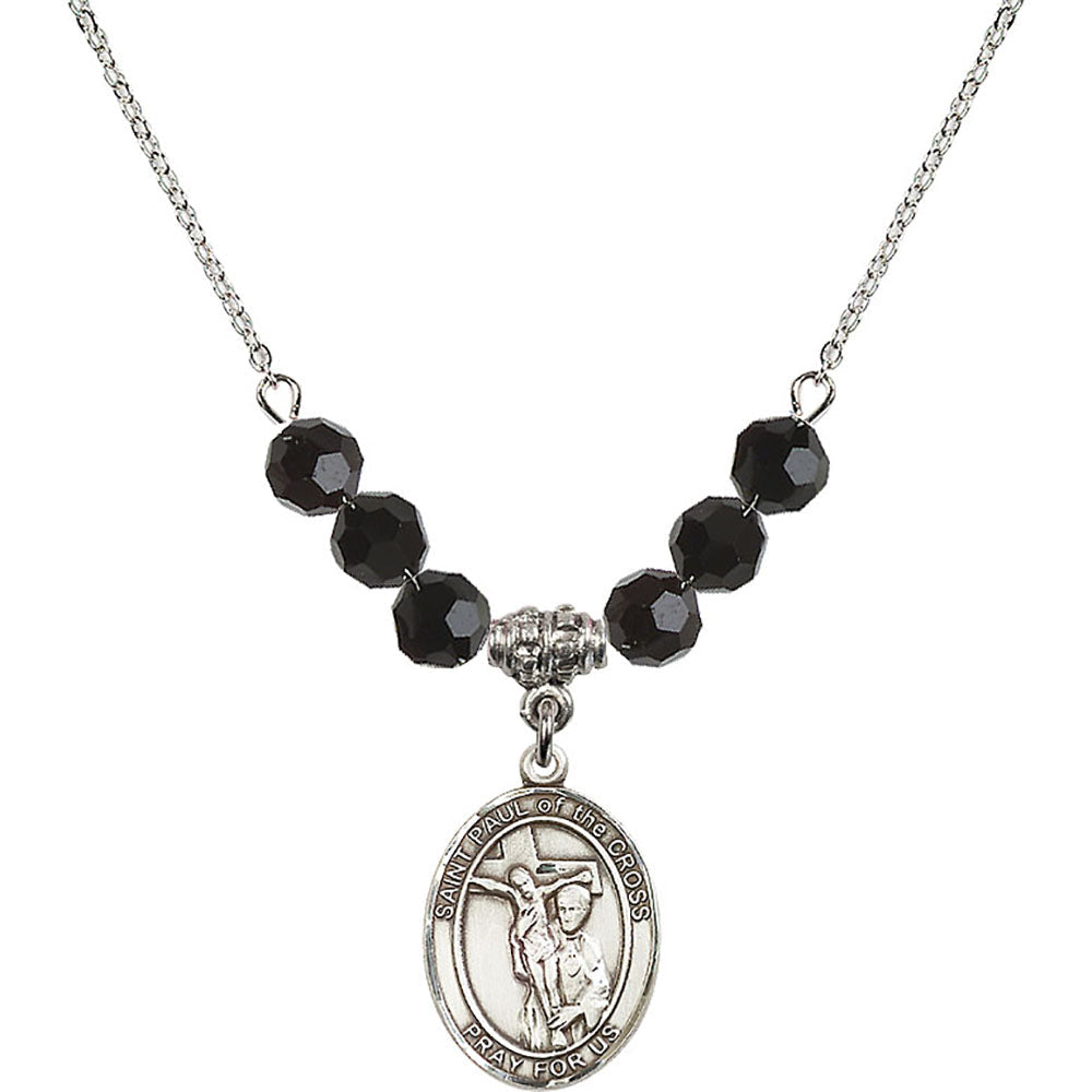 Sterling Silver Saint Paul of the Cross Birthstone Necklace with Jet Beads - 8318