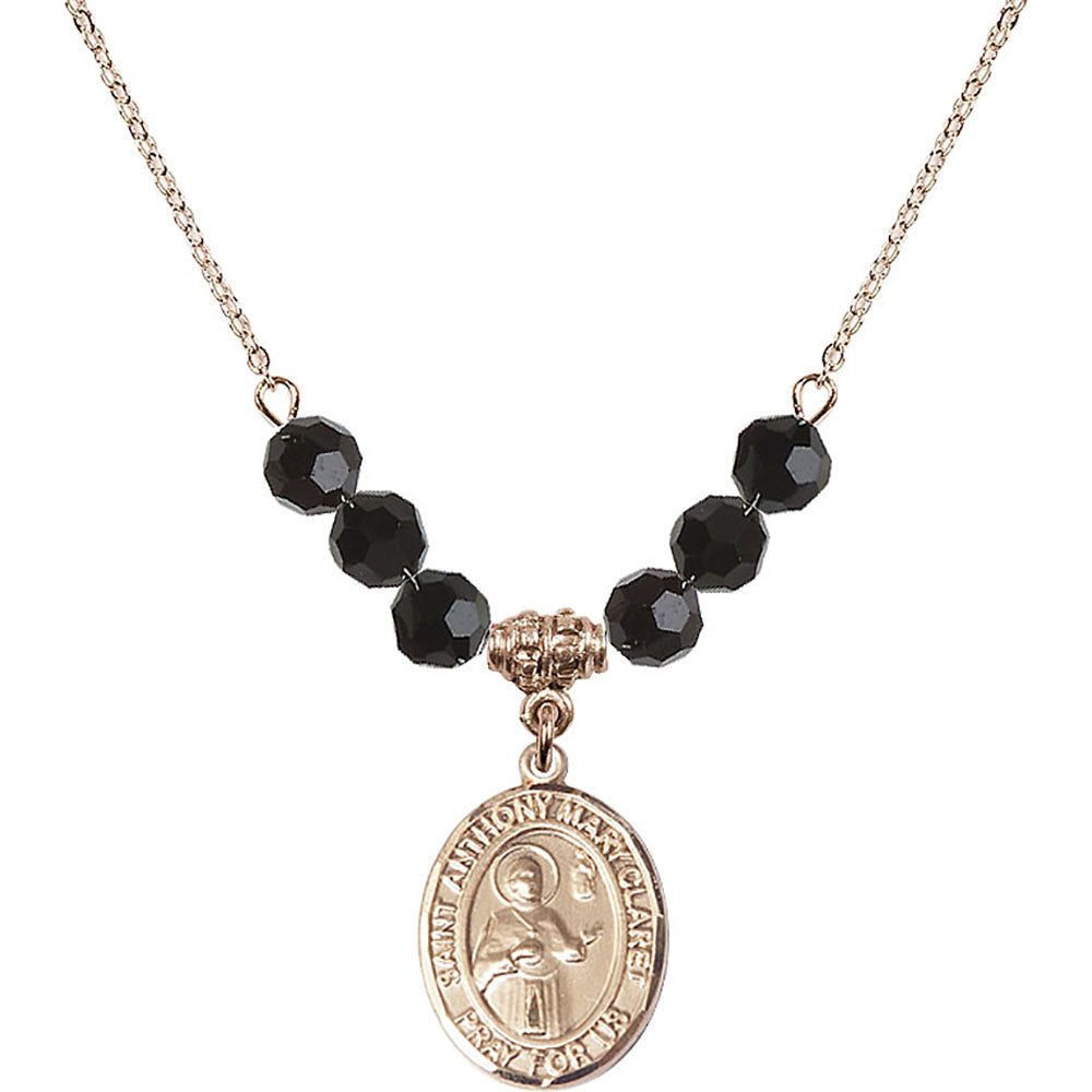 14kt Gold Filled Saint Anthony Mary Claret Birthstone Necklace with Jet Beads - 8416
