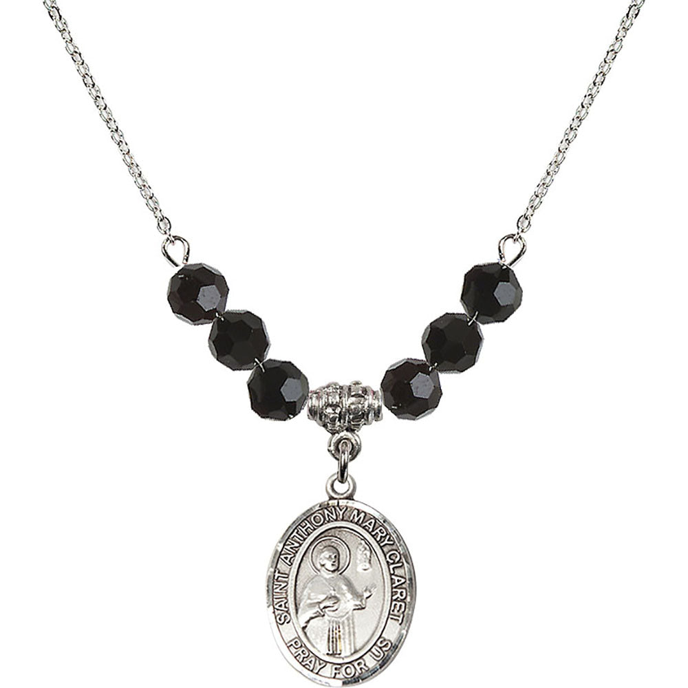 Sterling Silver Saint Anthony Mary Claret Birthstone Necklace with Jet Beads - 8416