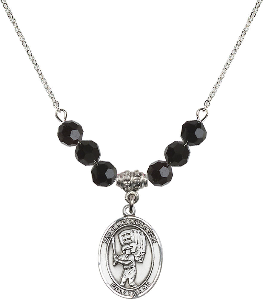 Sterling Silver Saint Christopher/Baseball Birthstone Necklace with Jet Beads - 8500