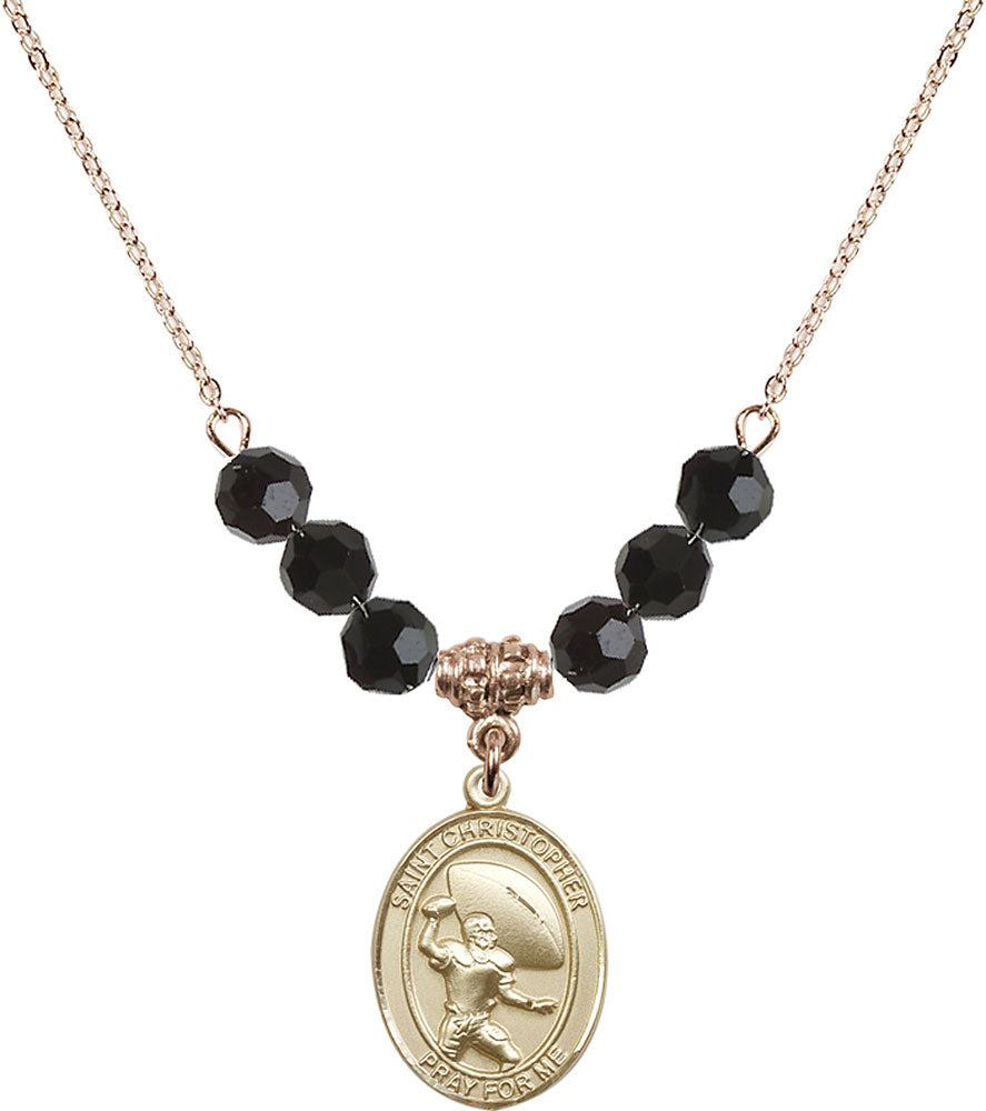 14kt Gold Filled Saint Christopher / Football Birthstone Necklace with Jet Beads - 8501