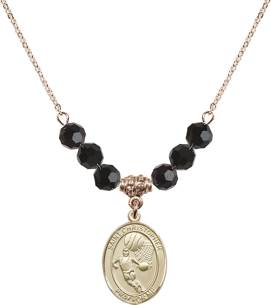 14kt Gold Filled Saint Christopher/Basketball Birthstone Necklace with Jet Beads - 8502