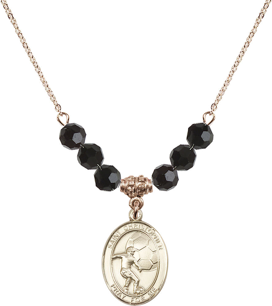14kt Gold Filled Saint Christopher/Soccer Birthstone Necklace with Jet Beads - 8503