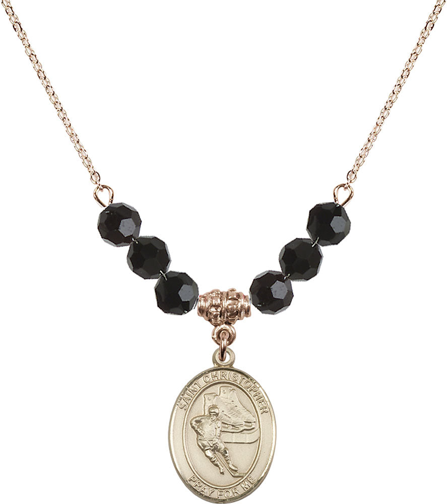 14kt Gold Filled Saint Christopher/Hockey Birthstone Necklace with Jet Beads - 8504
