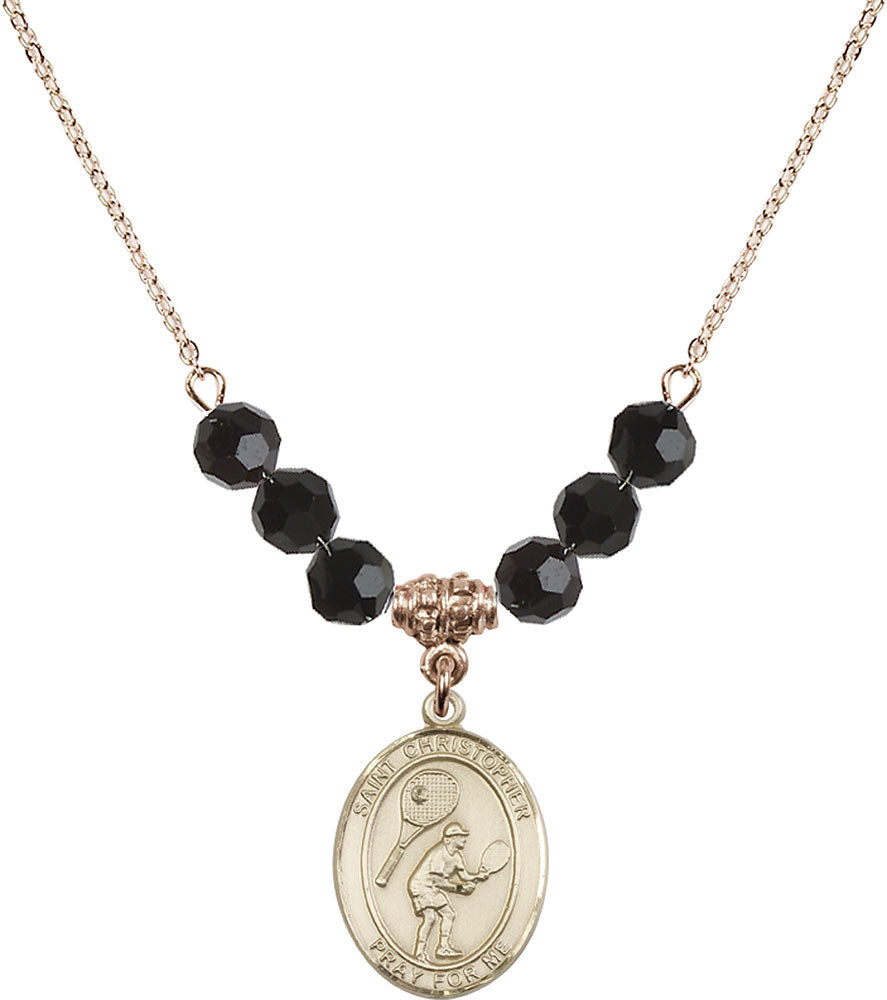 14kt Gold Filled Saint Christopher/Tennis Birthstone Necklace with Jet Beads - 8505