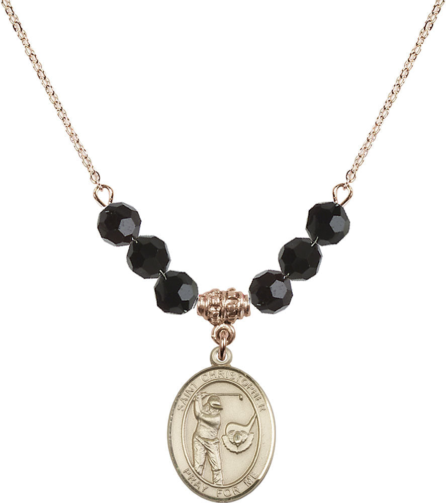 14kt Gold Filled Saint Christopher/Golf Birthstone Necklace with Jet Beads - 8506