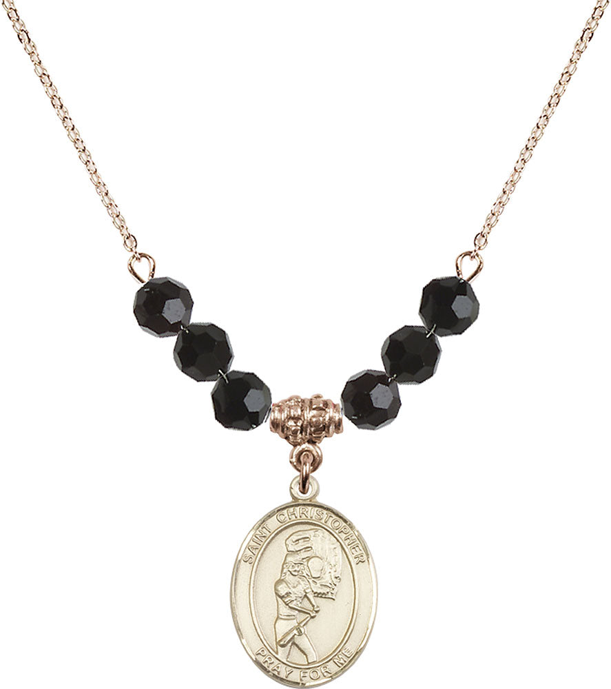 14kt Gold Filled Saint Christopher/Softball Birthstone Necklace with Jet Beads - 8507