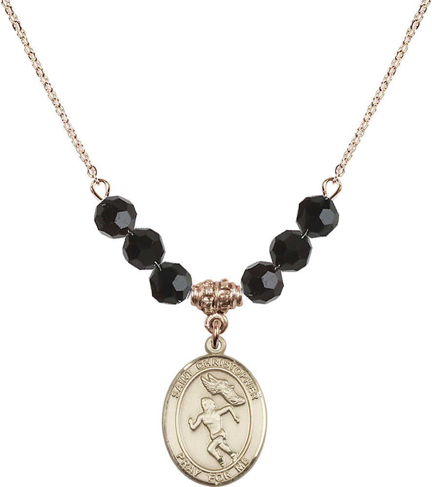 14kt Gold Filled Saint Christopher/Track&Field-Women Birthstone Necklace with Jet Beads - 8510