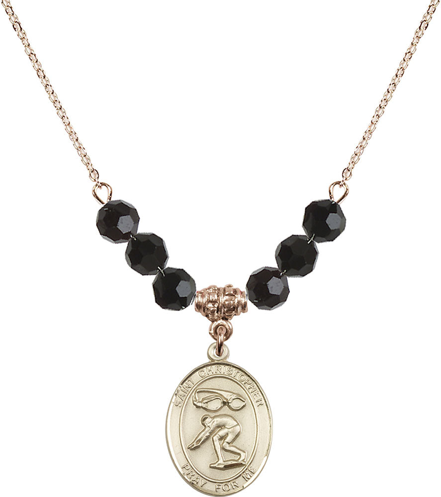 14kt Gold Filled Saint Christopher/Swimming Birthstone Necklace with Jet Beads - 8511