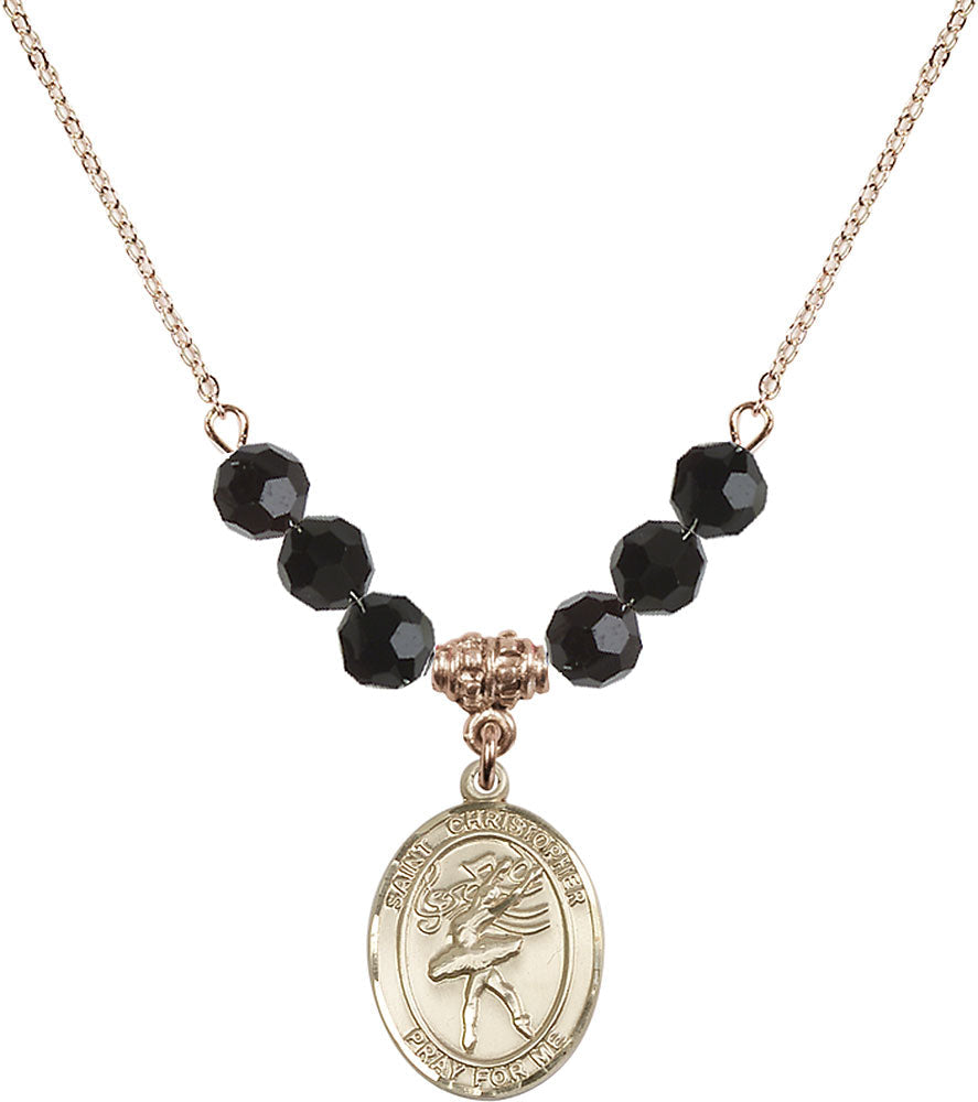 14kt Gold Filled Saint Christopher/Dance Birthstone Necklace with Jet Beads - 8512