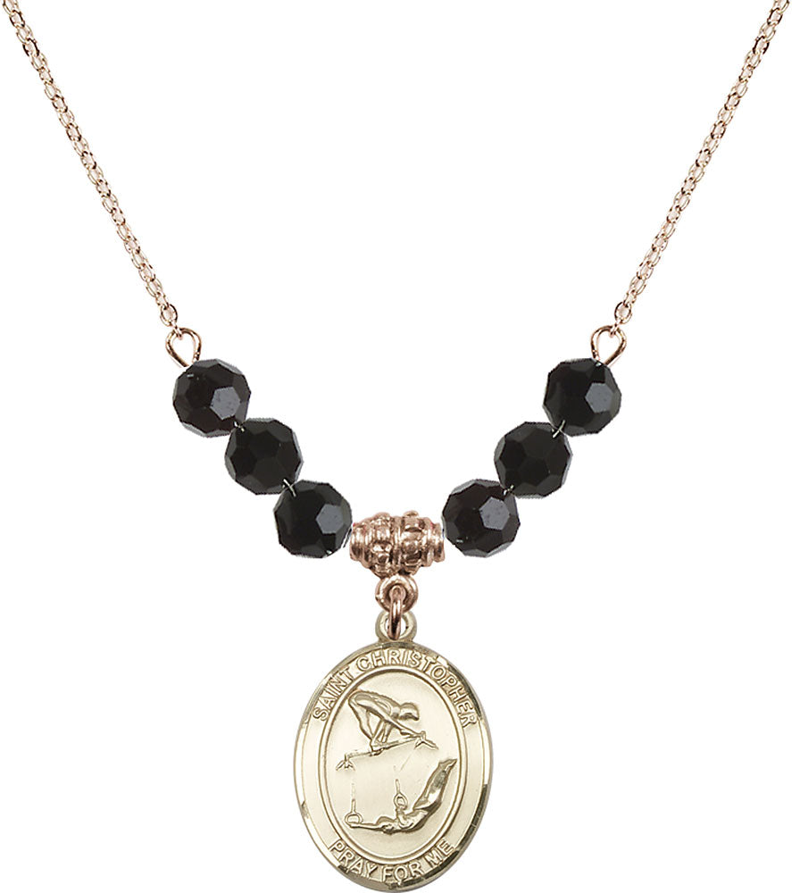 14kt Gold Filled Saint Christopher/Gymnastics Birthstone Necklace with Jet Beads - 8513