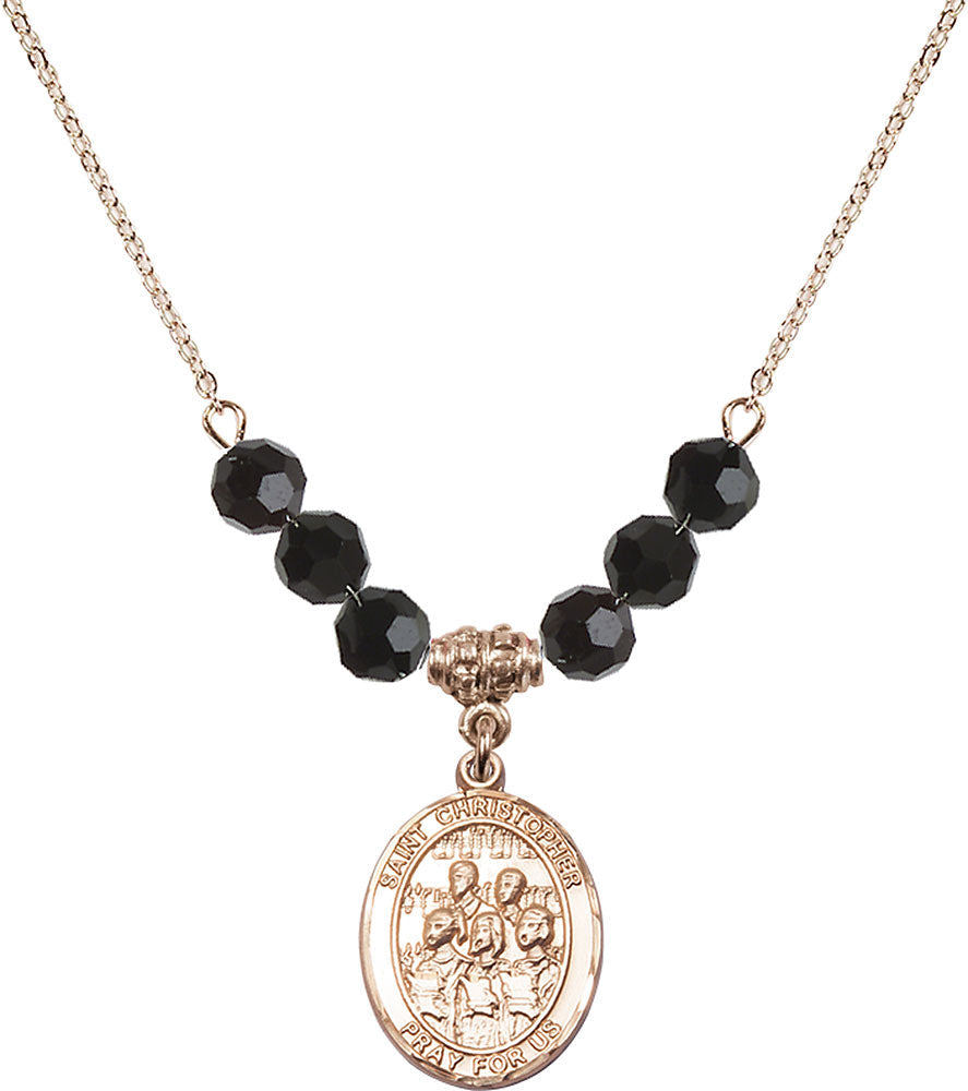 14kt Gold Filled Saint Christopher / Choir Birthstone Necklace with Jet Beads - 8514