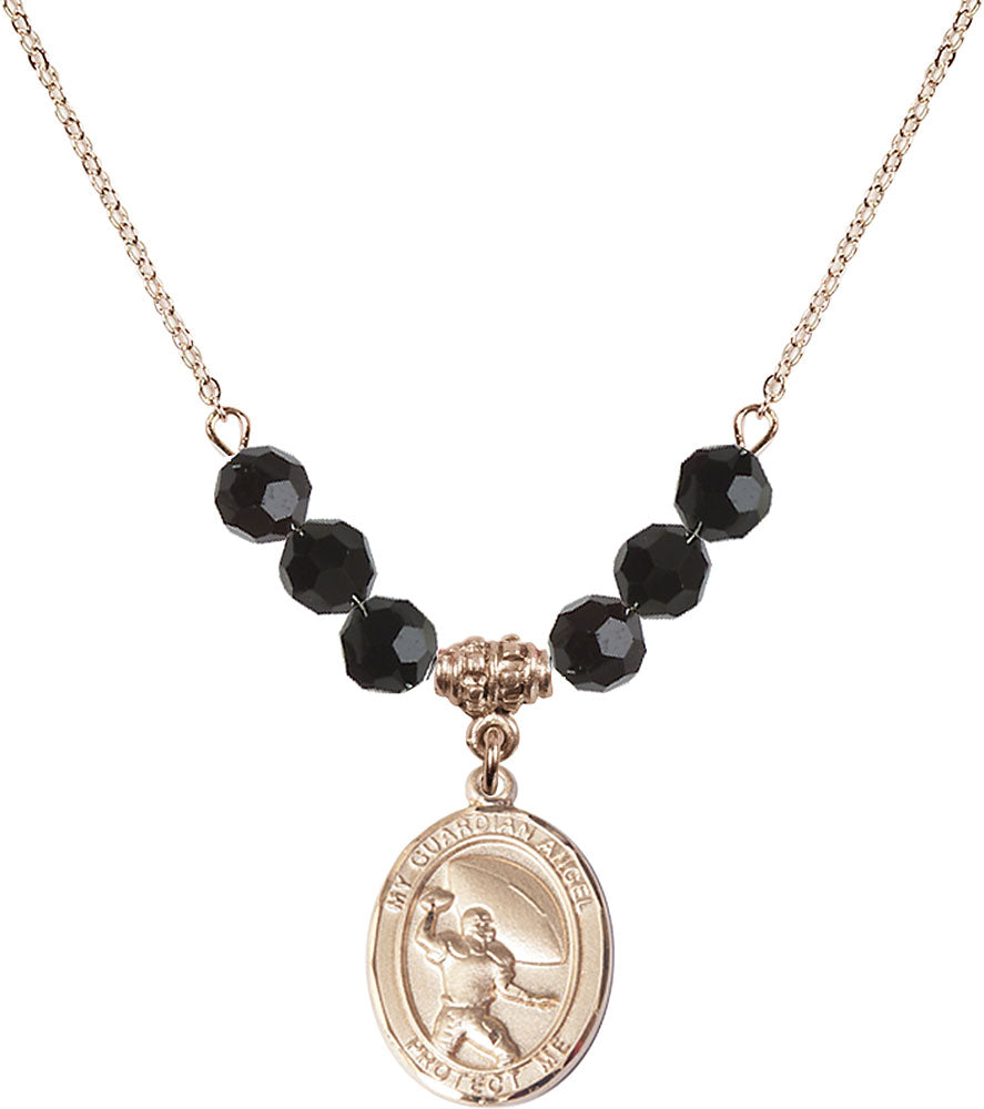 14kt Gold Filled Guardian Angel/Football Birthstone Necklace with Jet Beads - 8701