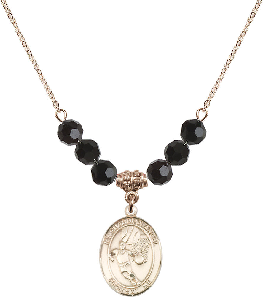 14kt Gold Filled Guardian Angel/Basketball Birthstone Necklace with Jet Beads - 8702