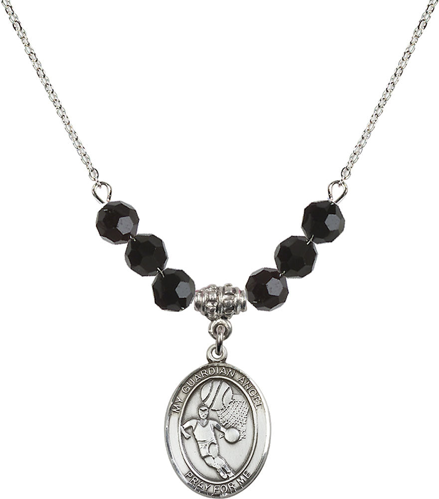 Sterling Silver Guardian Angel/Basketball Birthstone Necklace with Jet Beads - 8702