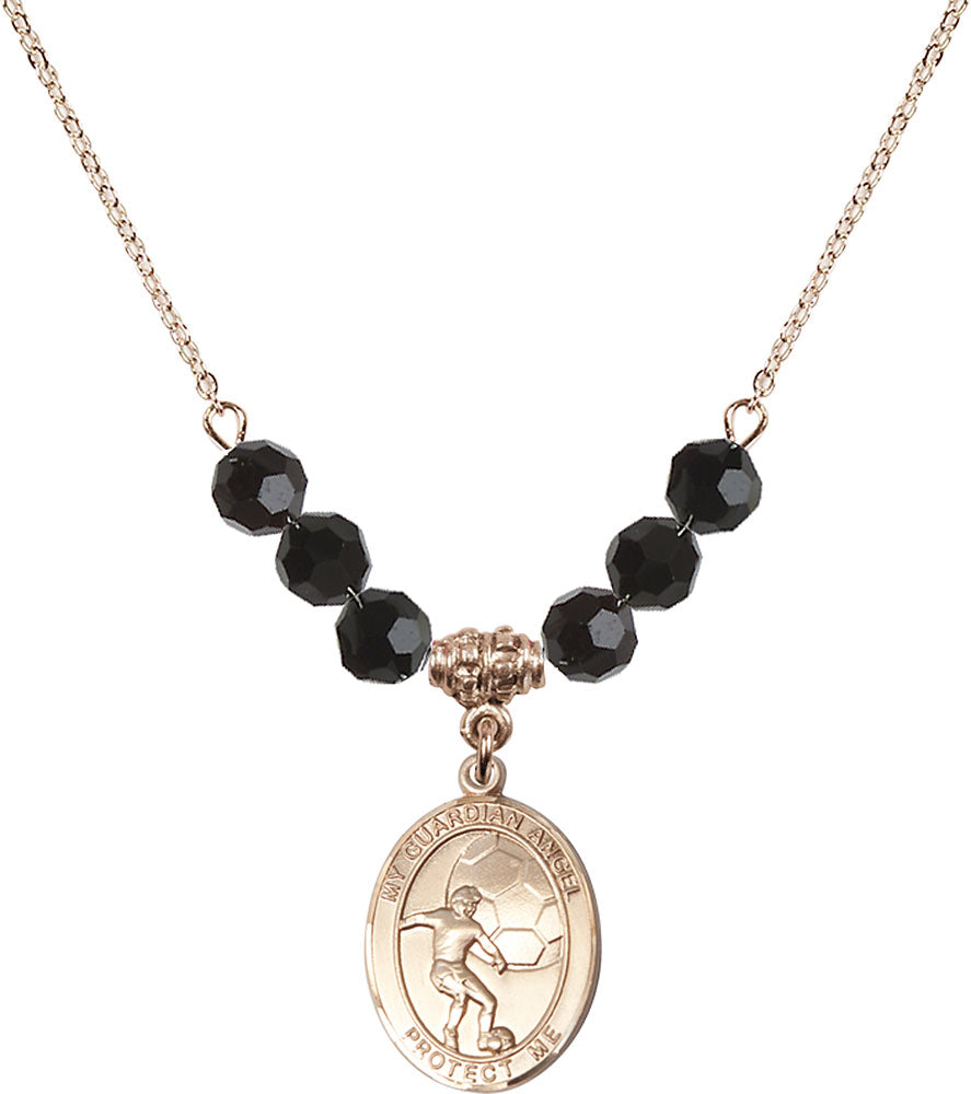 14kt Gold Filled Guardian Angel/Soccer Birthstone Necklace with Jet Beads - 8703