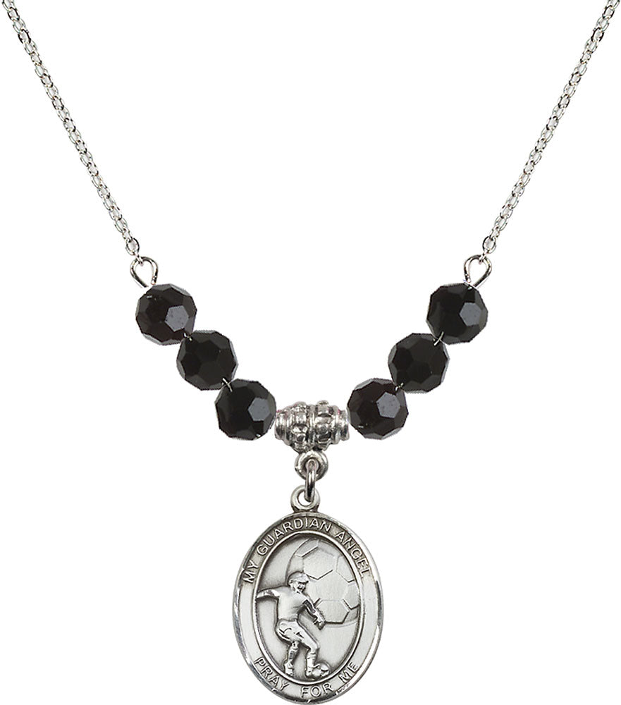 Sterling Silver Guardian Angel/Soccer Birthstone Necklace with Jet Beads - 8703