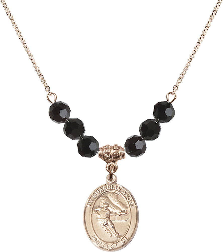 14kt Gold Filled Guardian Angel/Hockey Birthstone Necklace with Jet Beads - 8704