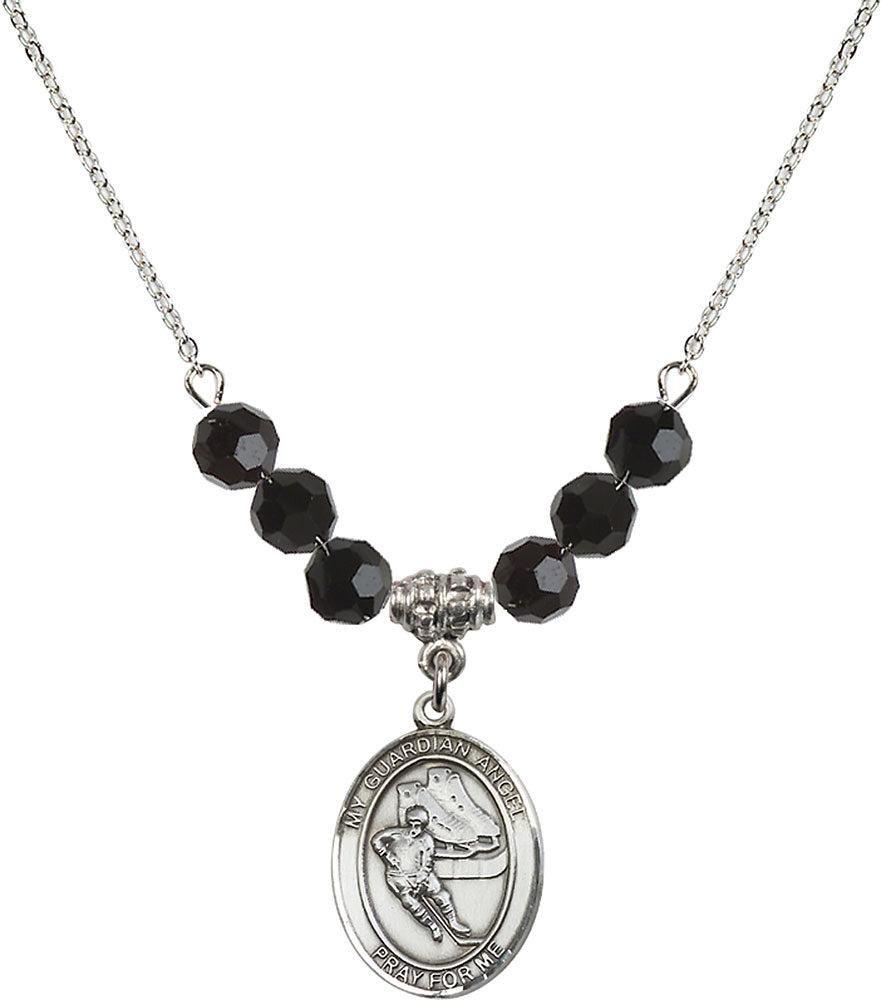 Sterling Silver Guardian Angel/Hockey Birthstone Necklace with Jet Beads - 8704