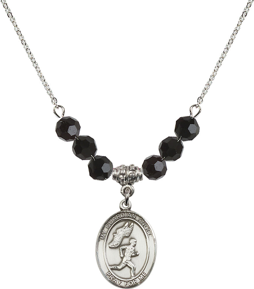 Sterling Silver Guardian Angel/Track&Field-Men Birthstone Necklace with Jet Beads - 8709