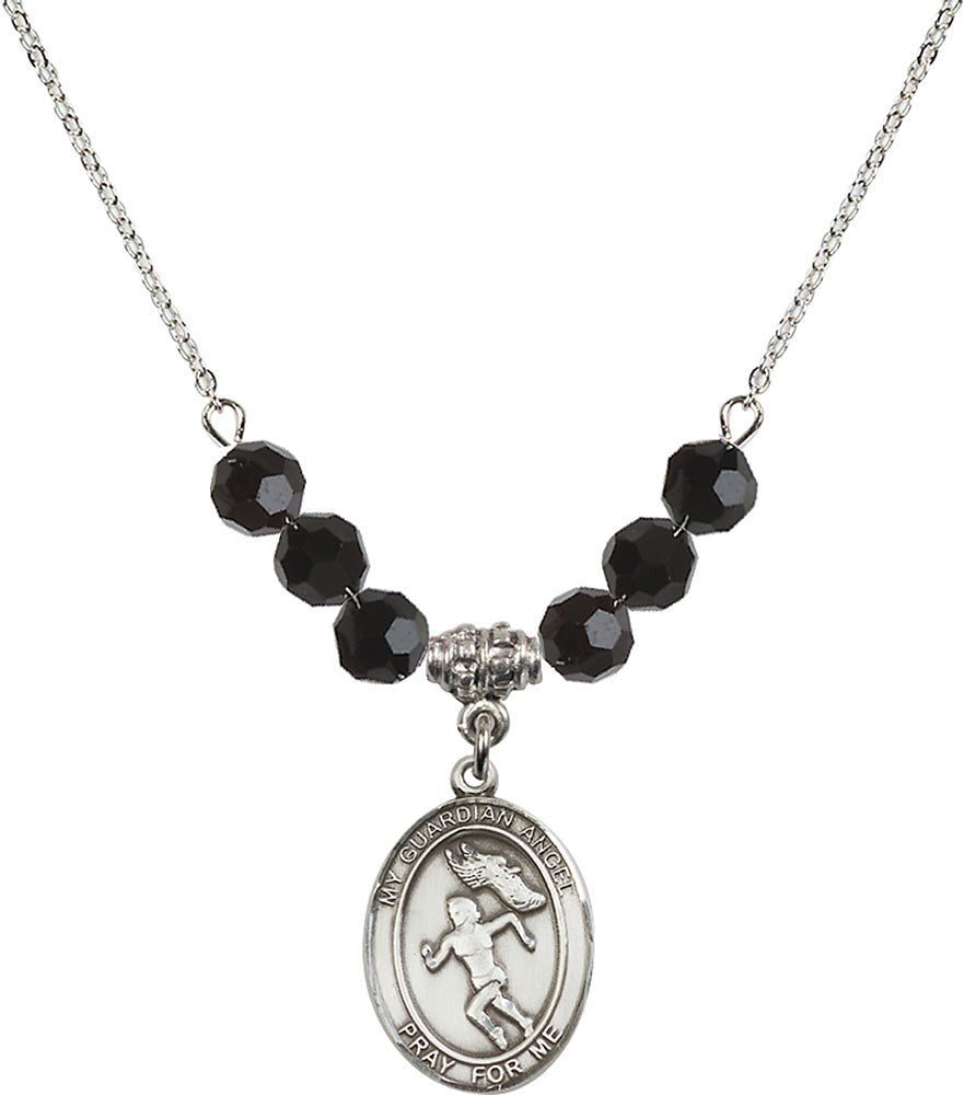 Sterling Silver Guardian Angel/Track&Field-Women Birthstone Necklace with Jet Beads - 8710