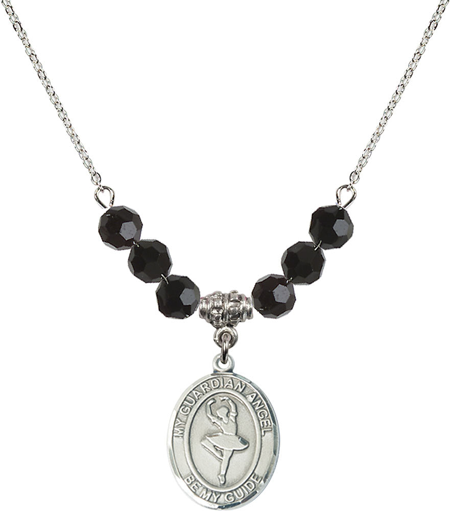 Sterling Silver Guardian Angel/Dance Birthstone Necklace with Jet Beads - 8712
