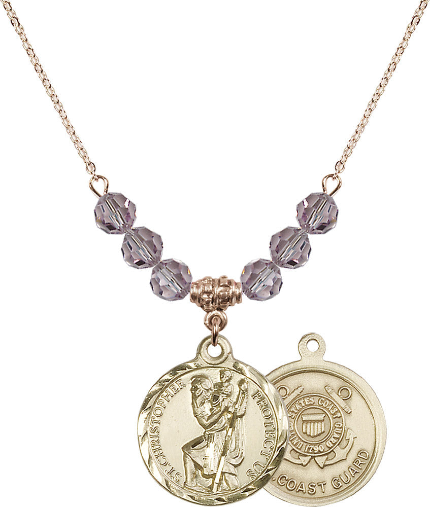 14kt Gold Filled Saint Christopher / Coast Guard Birthstone Necklace with Light Amethyst Beads - 0192