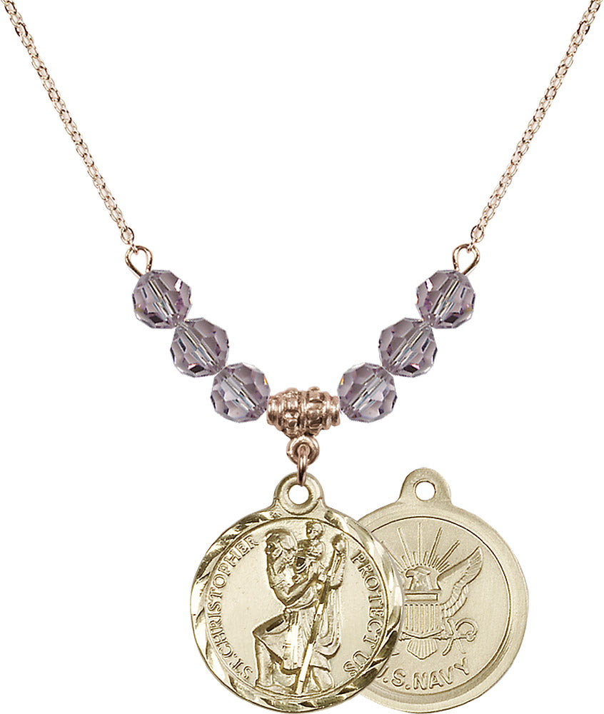 14kt Gold Filled Saint Christopher / Navy Birthstone Necklace with Light Amethyst Beads - 0192