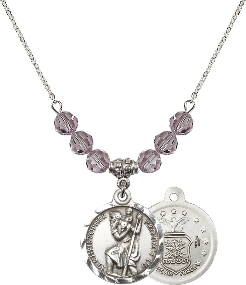 Sterling Silver Saint Christopher / Air Force Birthstone Necklace with Light Amethyst Beads - 0192