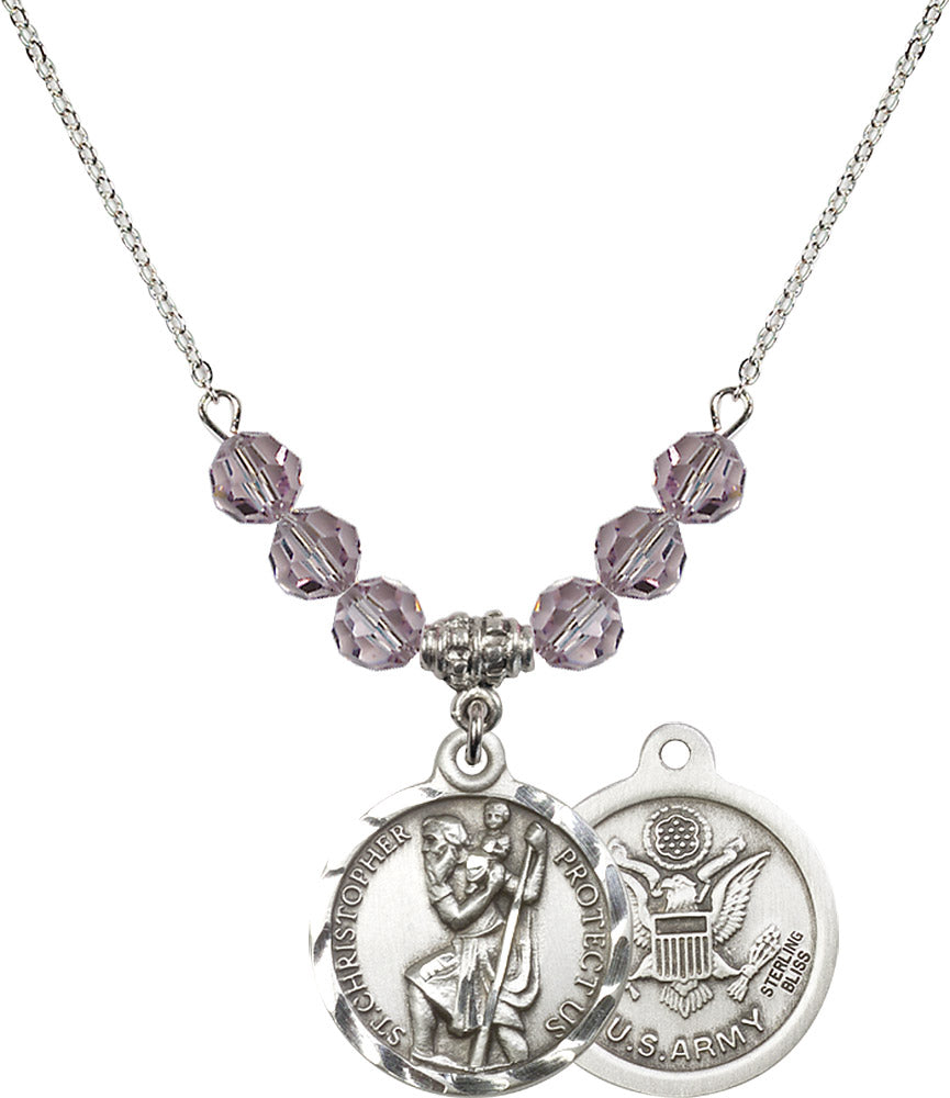 Sterling Silver Saint Christopher / Army Birthstone Necklace with Light Amethyst Beads - 0192