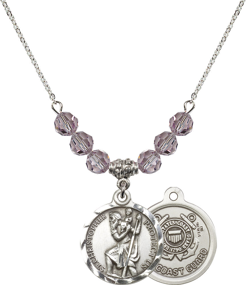 Sterling Silver Saint Christopher / Coast Guard Birthstone Necklace with Light Amethyst Beads - 0192
