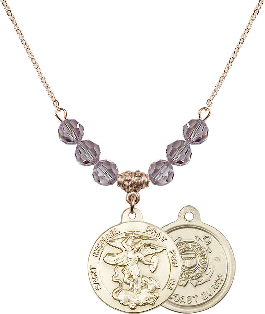 14kt Gold Filled Saint Michael / Coast Guard Birthstone Necklace with Light Amethyst Beads - 0342