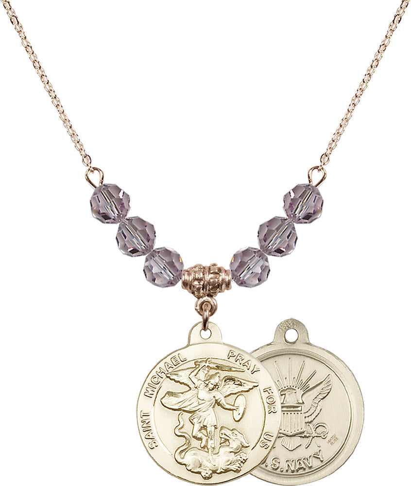 14kt Gold Filled Saint Michael / Navy Birthstone Necklace with Light Amethyst Beads - 0342