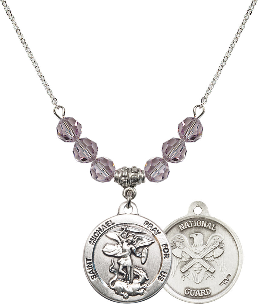 Sterling Silver Saint Michael / Nat'l Guard Birthstone Necklace with Light Amethyst Beads - 0342