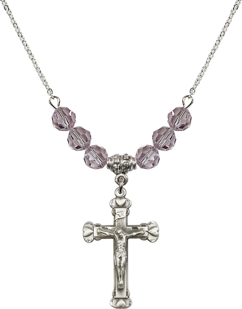 Sterling Silver Crucifix Birthstone Necklace with Light Amethyst Beads - 0620