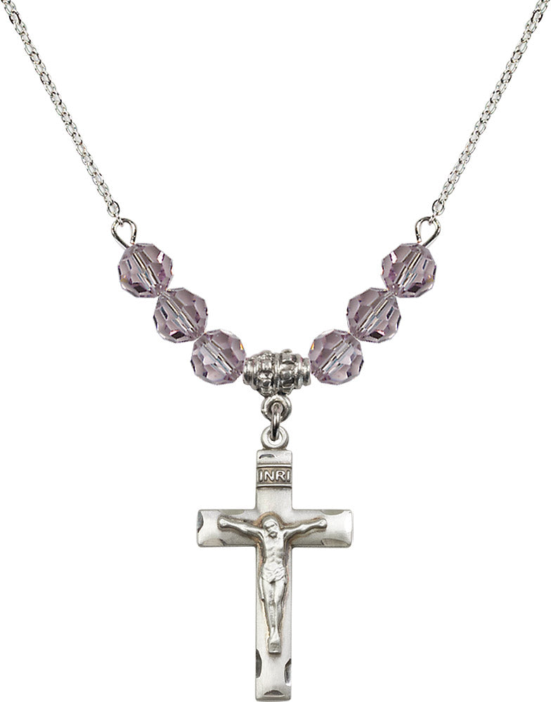 Sterling Silver Crucifix Birthstone Necklace with Light Amethyst Beads - 0624