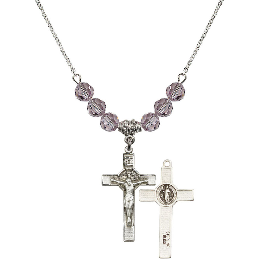 Sterling Silver Saint Benedict Crucifix Birthstone Necklace with Light Amethyst Beads - 0625