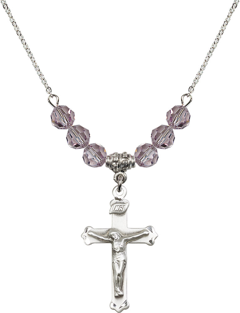Sterling Silver Crucifix Birthstone Necklace with Light Amethyst Beads - 0651