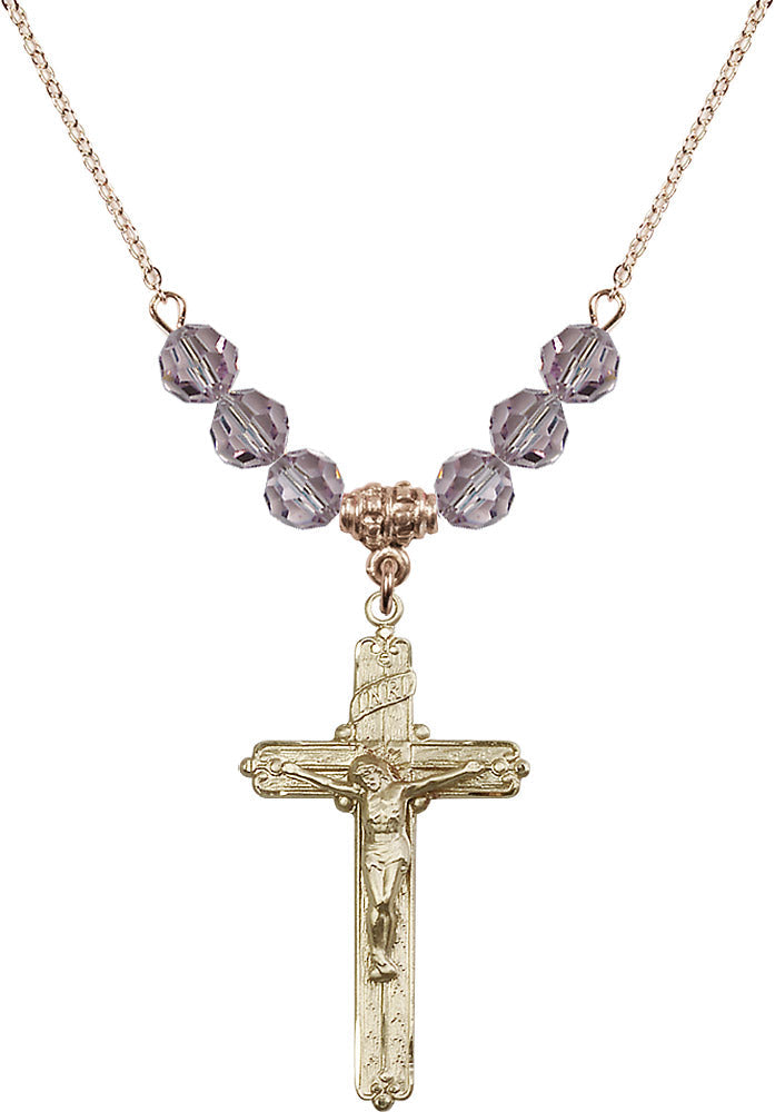 14kt Gold Filled Crucifix Birthstone Necklace with Light Amethyst Beads - 0655