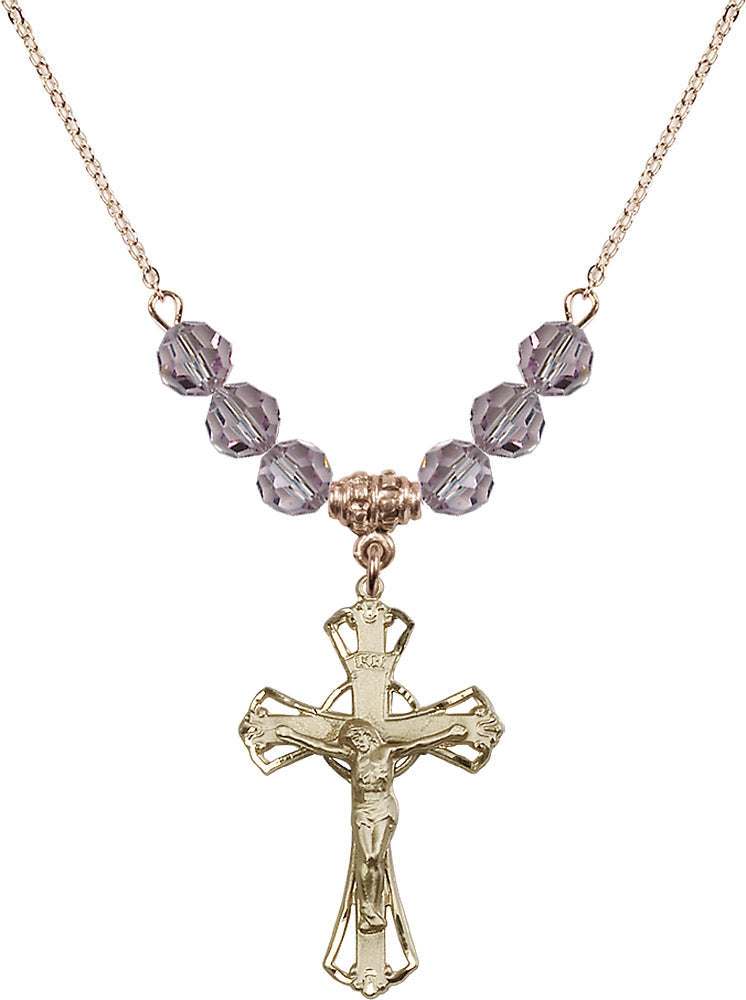 14kt Gold Filled Crucifix Birthstone Necklace with Light Amethyst Beads - 0659